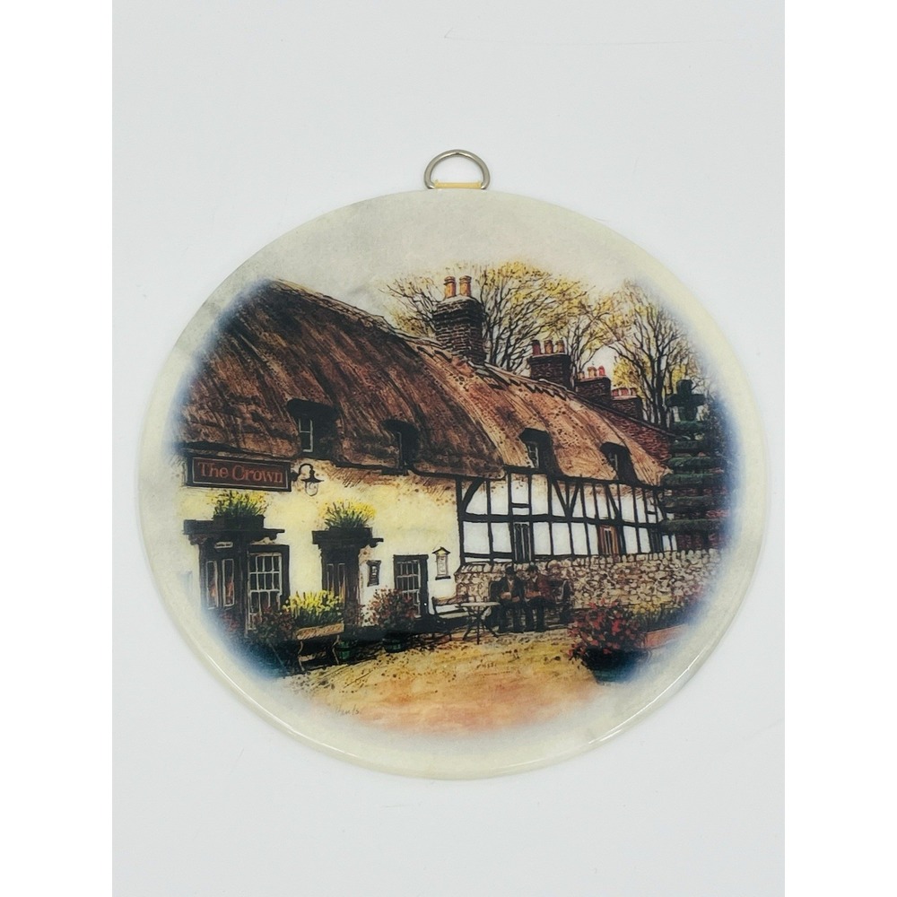 Natural Gray Marble Round Trivet Wall Hanging Thatched Roof Cottage Scene